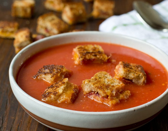 Tomato Soup with Grilled Cheese and Bacon Croutons