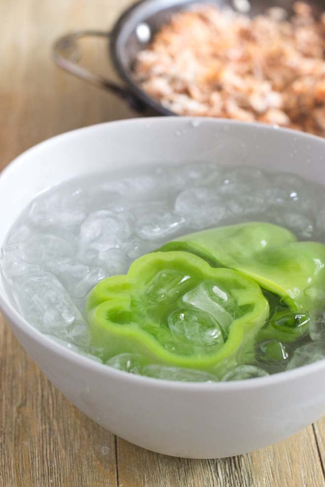 Peppers in an ice bath after blanching