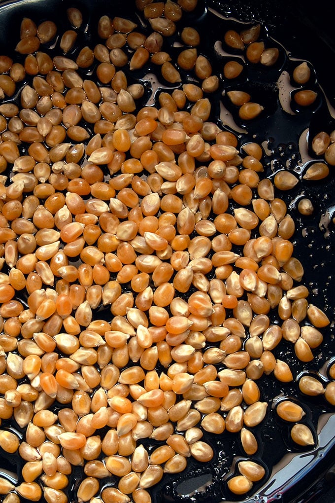 unpopped popcorn kernels in the bottom of a black pan with oil.