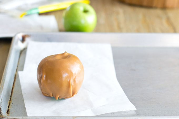 Caramel disc surrounding apple