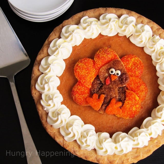 Pumpkin Pie with a Turkey decoration in the middle and piped whipped cream.