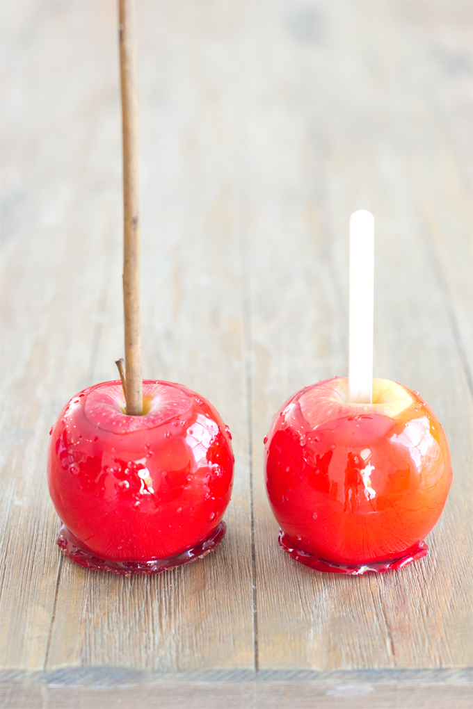 Comparison between from-scratch candy apple (left) and store-bought candy apple kit (right)