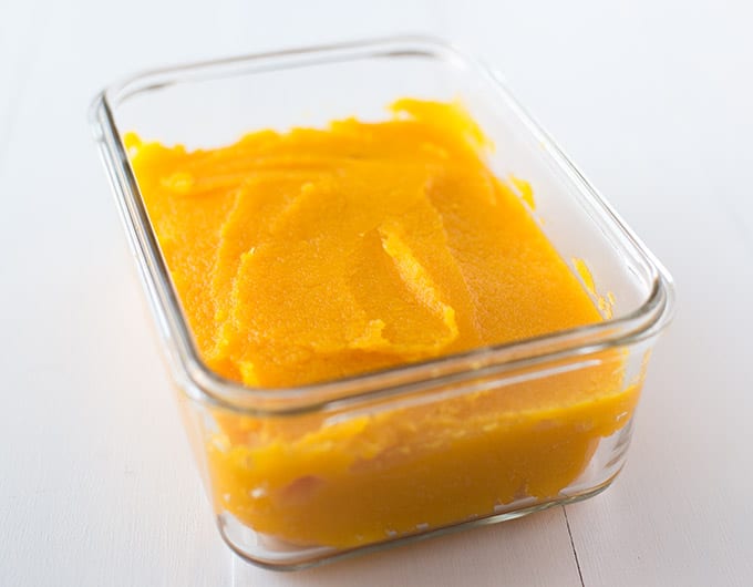 Finished Pumpkin Puree in glass storage container.