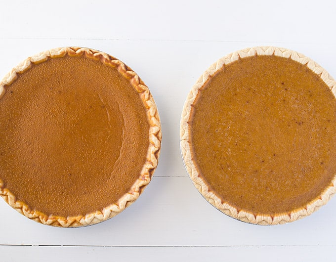 Two pumpkin pies side by side.