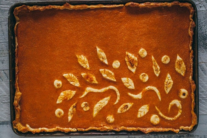 Pumpkin Slab Pie Decorated with Leaves and Vines