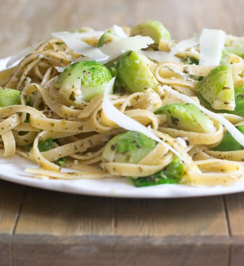 Brussels Sprouts with Pasta, Pesto and Pecorino