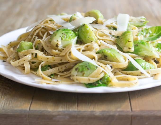 Brussels Sprouts with Pasta, Pesto and Pecorino