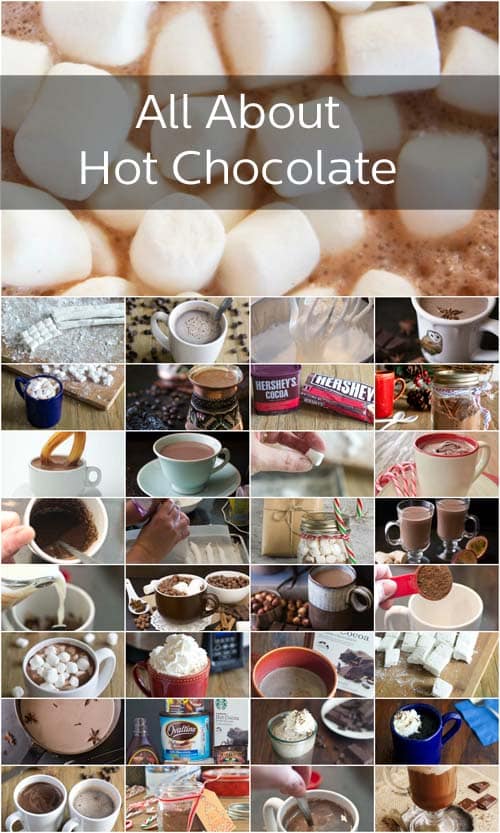 Grid of pictures of different cups of hot chocolate and different ingredients for hot chocolate. Across the top it reads, "All About Hot Chocolate".