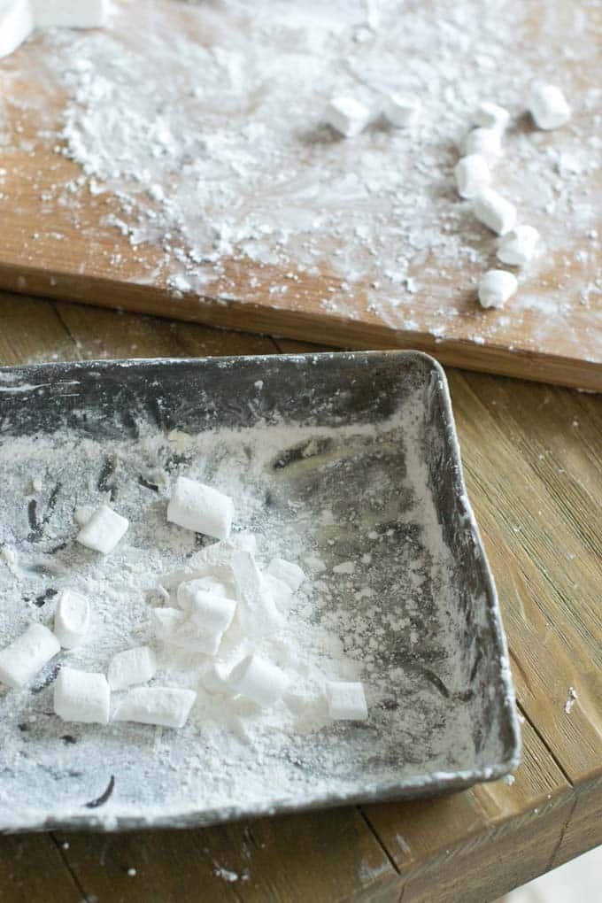 Marshmallows tossed with cornstarch mixture.