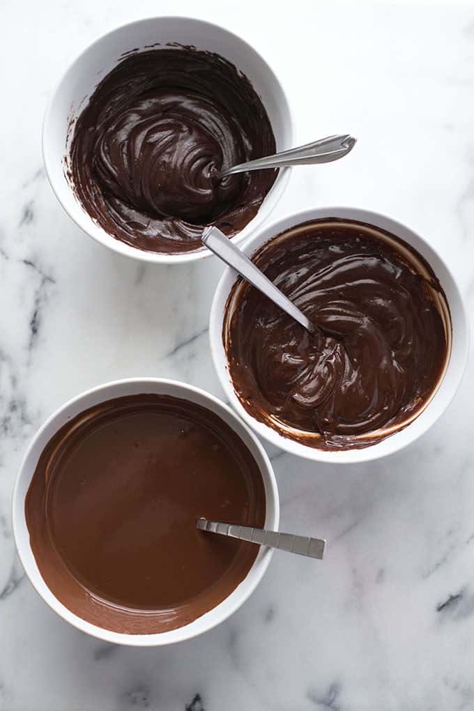 Three thicknesses of ganache in bowls 
