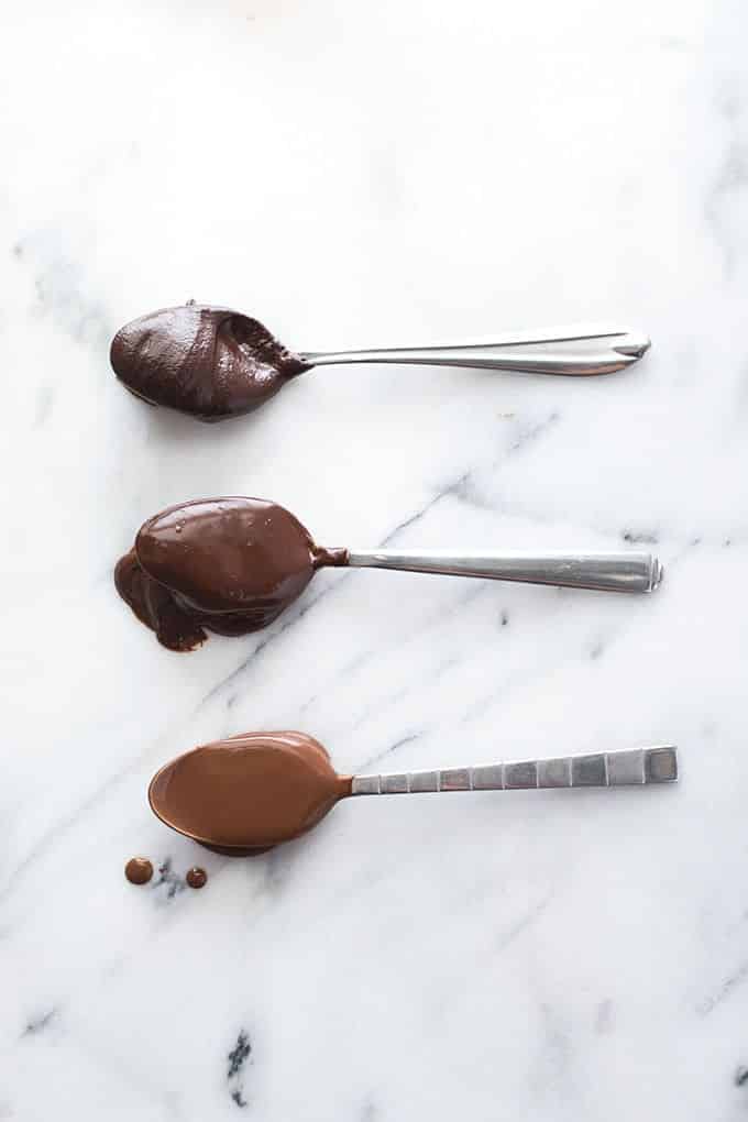 Three thicknesses of ganache on spoons