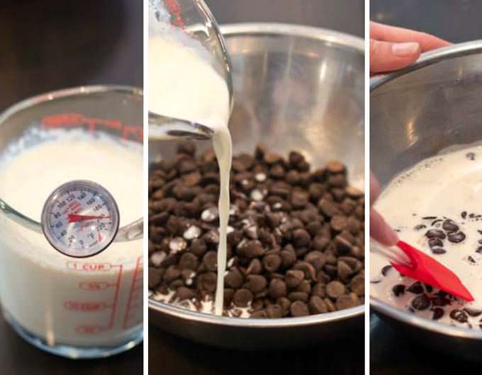 picture split into three sections: far left is a glass measuring cup filled with cream and a candy thermometer, the middle is a metal bowl with chocolate chips and hot cream being poured in, and the right is a plastic spatula stirring the chocolate chips and hot cream in a metal bowl.