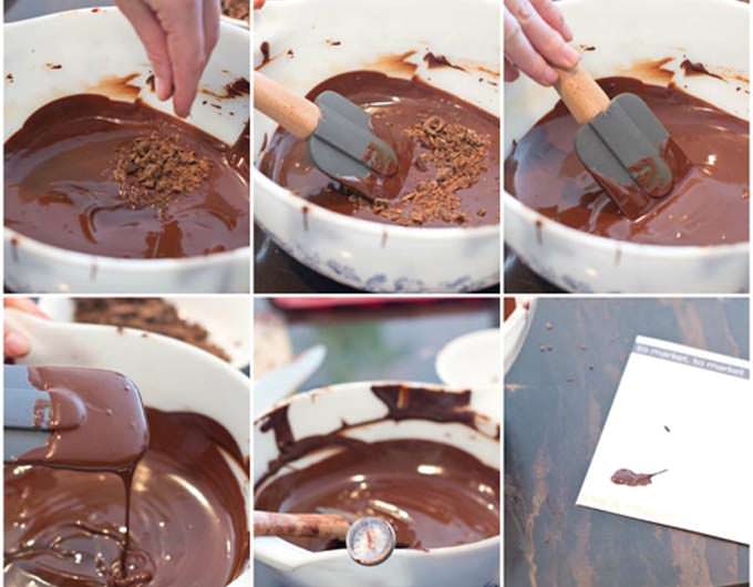 Collage of photos showing chocolate being tempered.