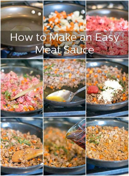 Grid of pictures featuring the various cooking steps of making ground beed with gravy; text overlay reads, "How to Make an Easy Meat Sauce" 