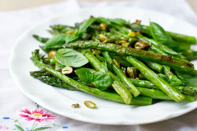 Roasted Asparagus with Basil and Pistachios