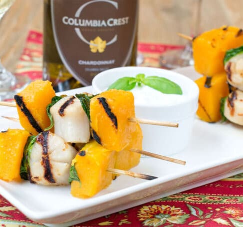 Grilled Scallops, Butternut Squash and Basil Skewers with Garlic Dip