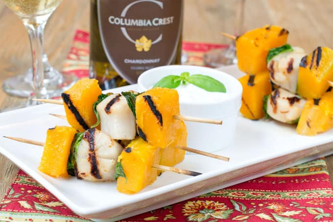 Grilled Scallops, Butternut Squash and Basil Skewers with Garlic Dip