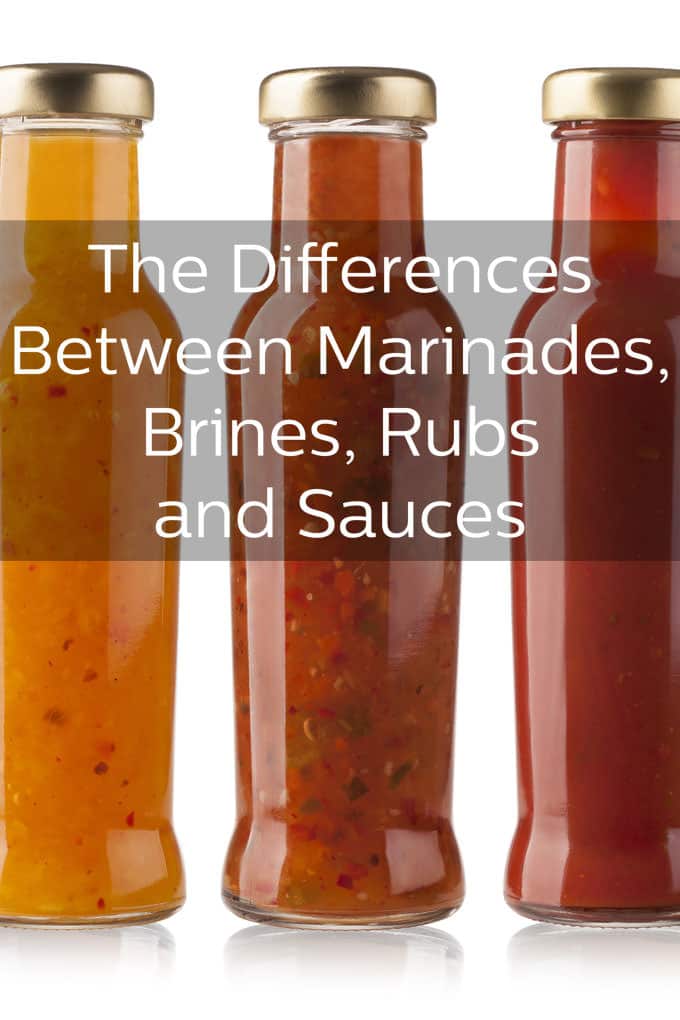 Three different tall bottles of sauce lined up in a row with the text overlay that reads, "The Differences Between Marinades, Brines, Rubs and Sauces".