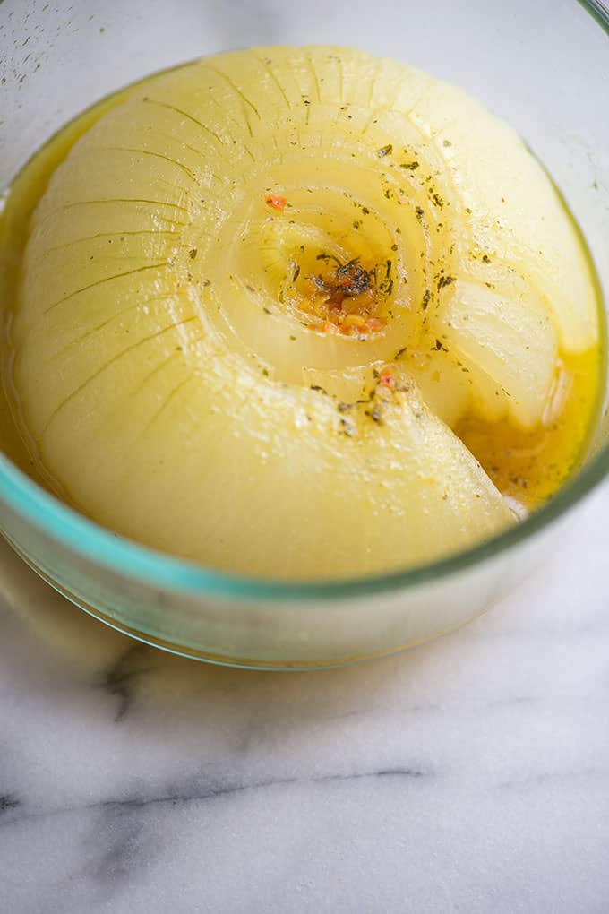 Microwaved onion in glass dish.