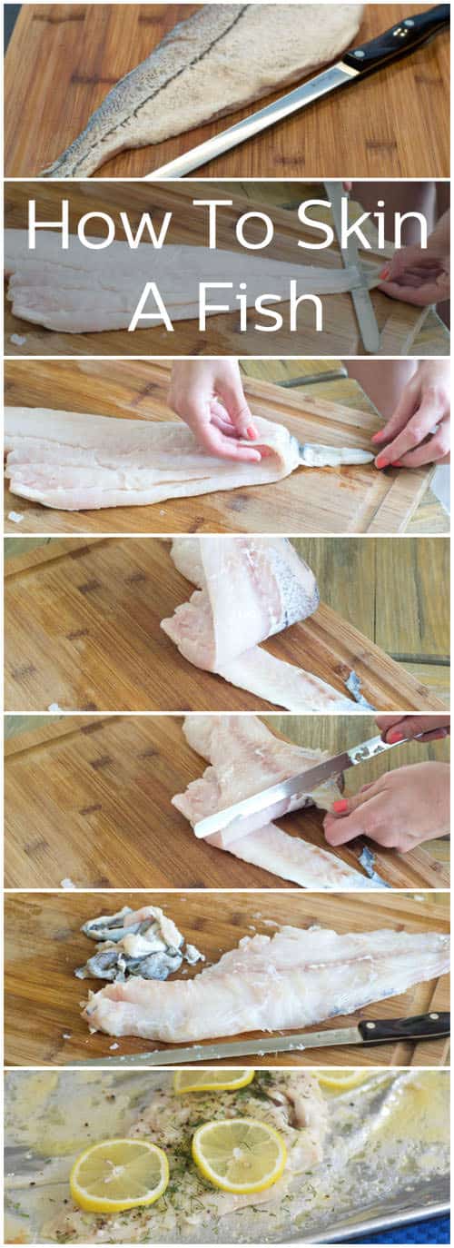 A series of photos stacked on top of each other showing how to remove skin from a fish. Overlaid is the text "How To Skin A Fish"