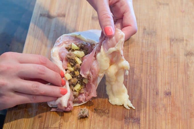 Wrap meat around stuffing