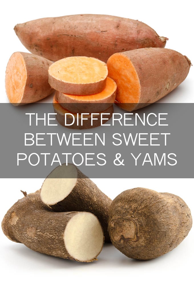 Text overlay - What's the difference between sweet potatoes and yams? over a picture collage of sweet potatoes and yams