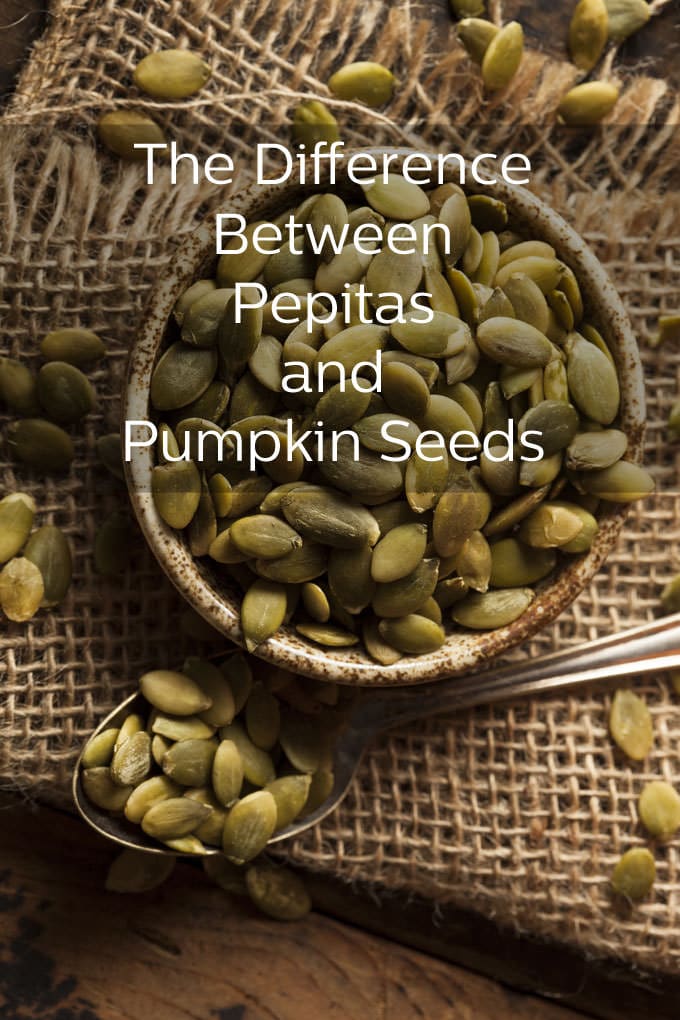 Pepitas in a bowl, text reads the difference between pepitas and regular pumpkin seeds