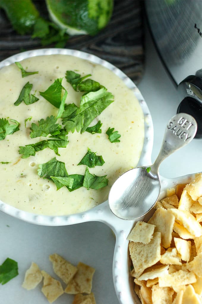 Throw this easy White Slow Cooker Queso together in 5 minutes flat! Yeah, you’re totally going to be the life of the party.