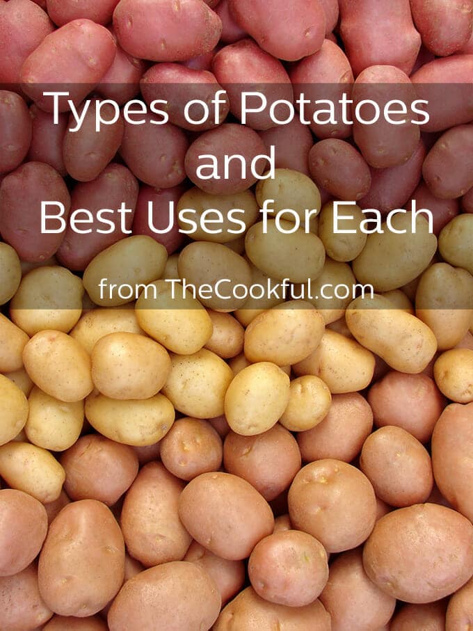 Various kinds of potatoes, text reads Types of Potatoes and Best Uses for Each.