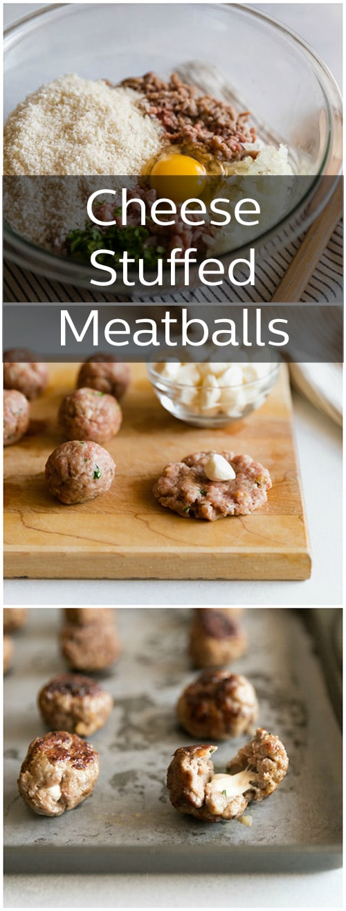 Two pictures stacked on top of each other. The top picture is of a glass bowl filled with a pile of raw ground beef, pile of breadcrumbs, pile of chopped onions, pile of chopped parsley with a raw egg in the middle of all the piles. The bottom picture is of raw meatballs on a wooden cutting board with a small glass bowl full of chunks of mozzarella. One meatball has been pressed flat and there is a small chunk of mozzarella cheese in the middle.