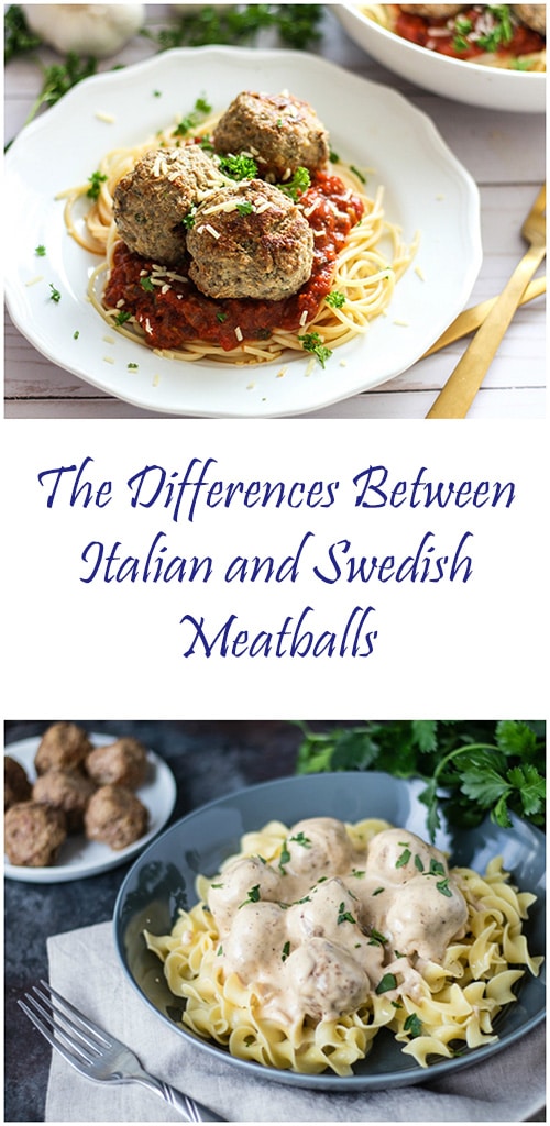 Two pictures of meatballs on top of each other. In between the two pictures is the wording, "The Differences Between Italian and Swedish Meatballs". The top picture is a picture of a white plate full of spaghetti with red sauce with meatballs on top sprinkled with chopped parsley and Parmesan cheese. The bottom picture is Swedish meatballs in a white sauce over egg noodles garnished with chopped parsley.