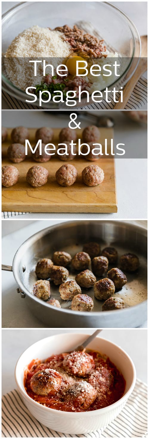 Two pictures stacked on top of each other. The top picture is of a glass bowl filled with a pile of raw ground beef, pile of breadcrumbs, pile of chopped onions, pile of chopped parsley with a raw egg in the middle of all the piles. The bottom picture is of raw meatballs on a wooden cutting board.