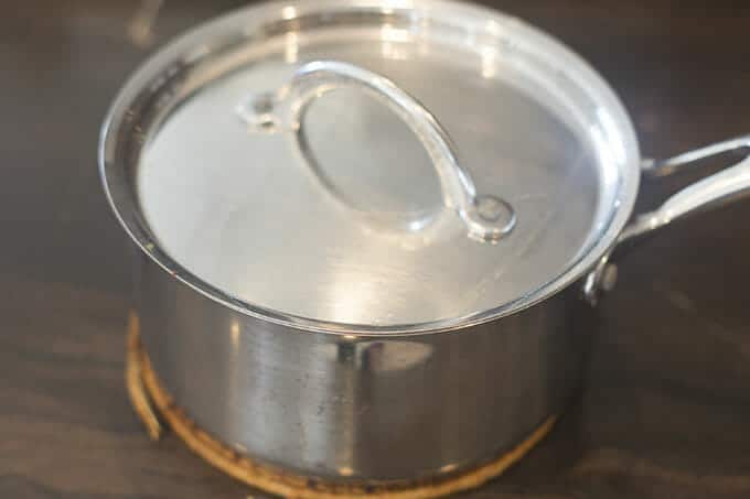 Saucepan covered with lid on a trivet on the counter.