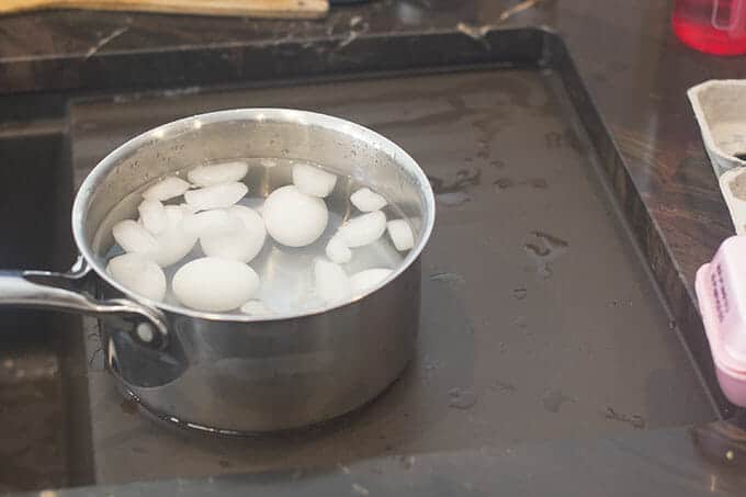 Ice cubes and water in a sauce pan with multiple eggs, sitting by a sink,