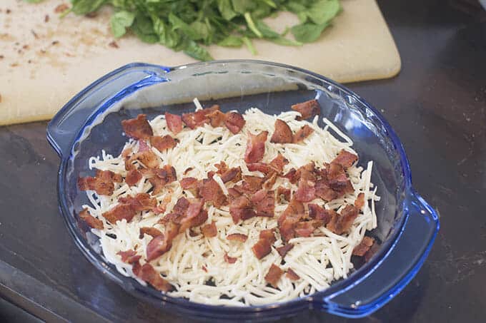 Shredded cheese and chopped cooked bacon in the bottom of a pie dish.