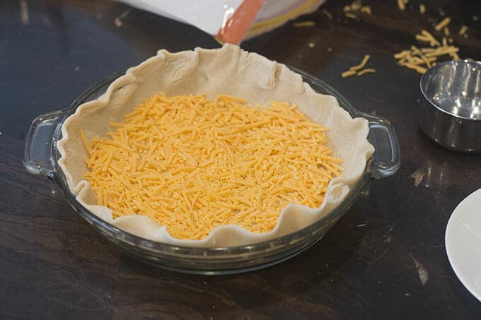 Shredded cheddar cheese added on top of pie crust.
