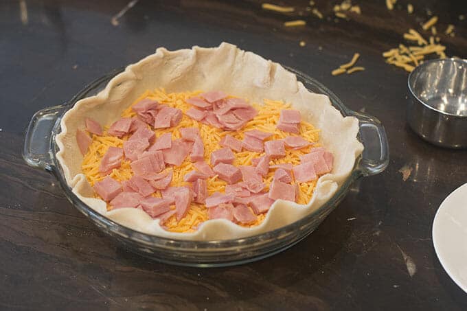 Chopped ham and shredded cheese in a pie crust.