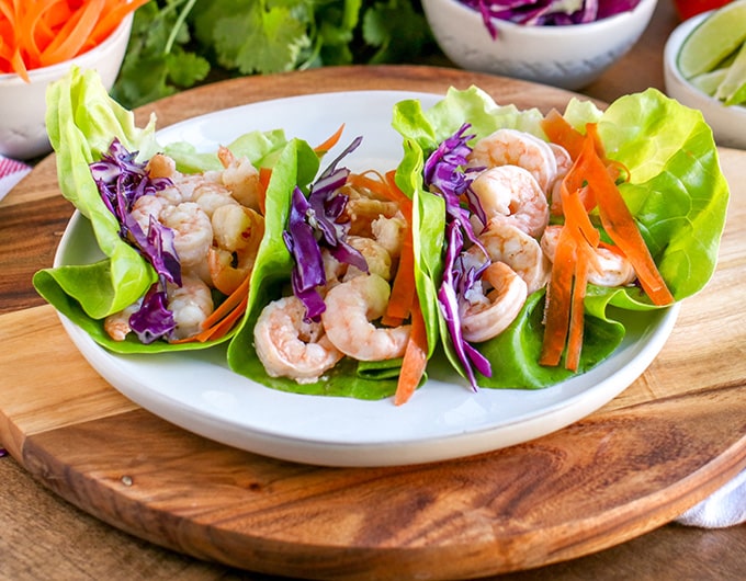 Lettuce wraps with shrimp and veggies.