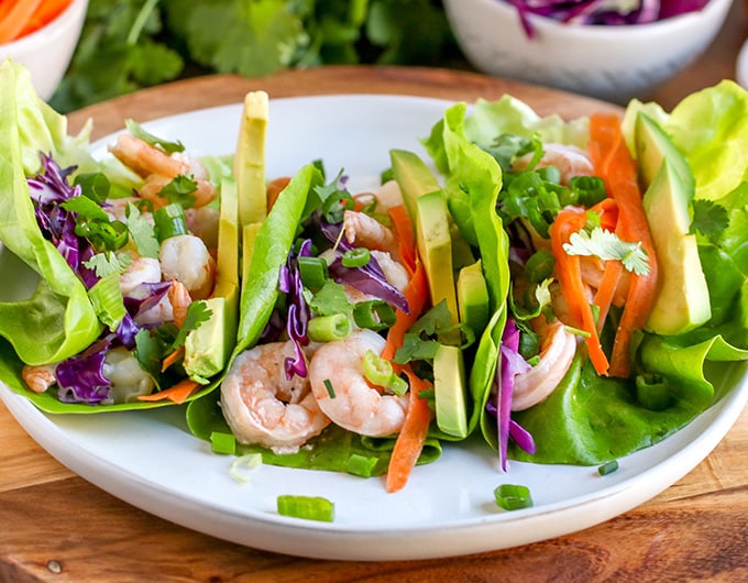Shrimp lettuce wraps with veggies and herbs