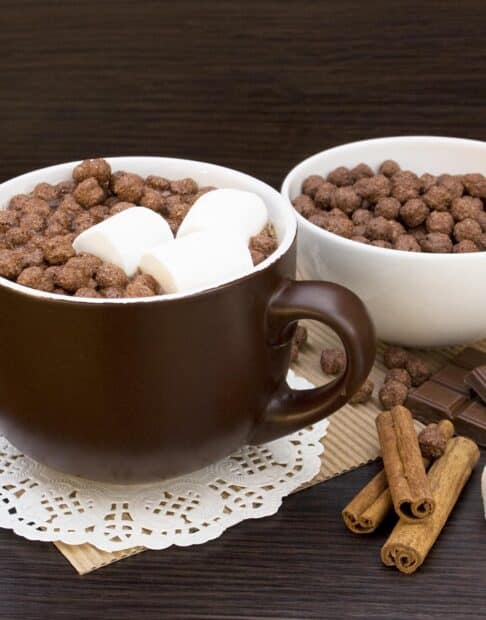 brown mug of hot chocolate with cocoa puff and marshmallows