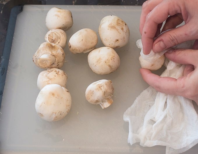 Wiping off white mushrooms.