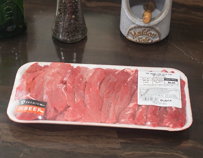 Raw beef strips in package