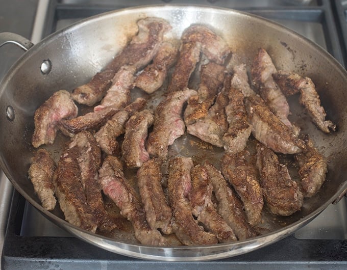 Beef Strips Cooking in pan