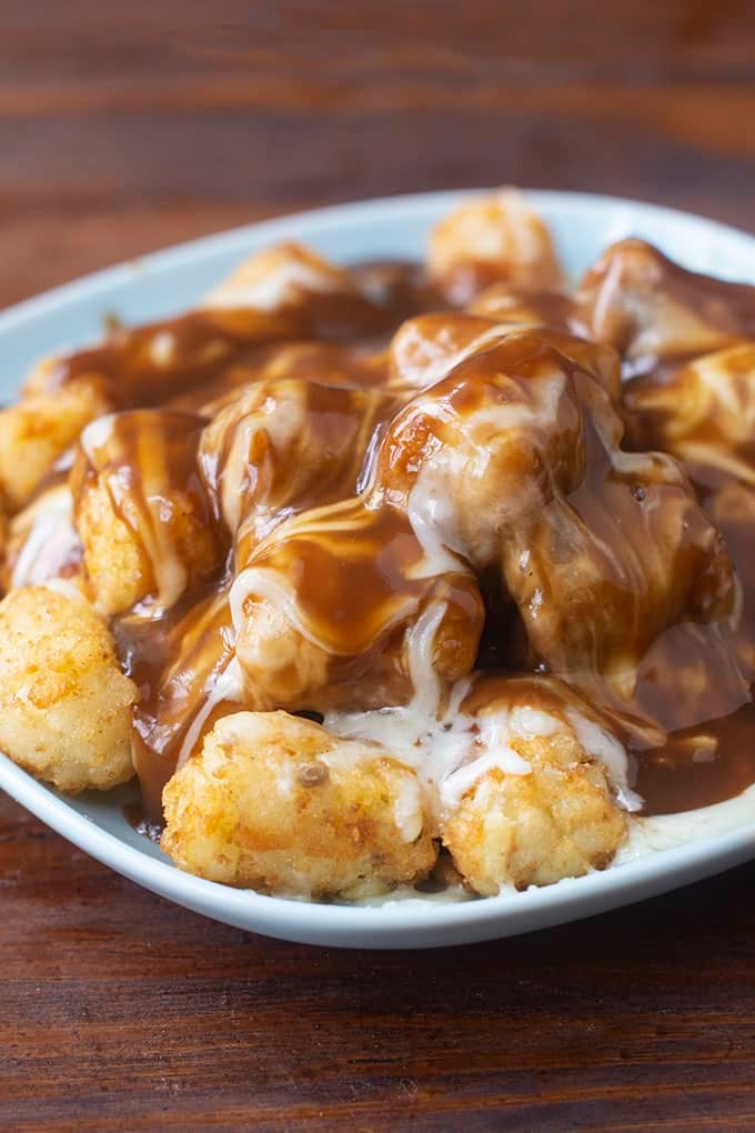Tater Tots covered with cheese and gravy on a white plate.