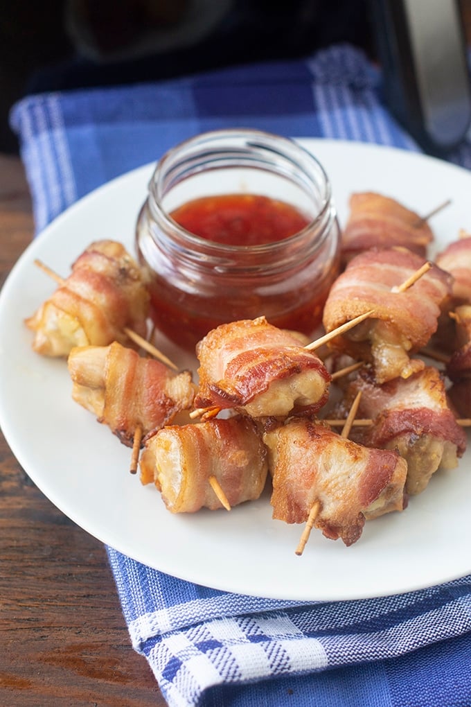 Air Fryer Bacon Wrapped Chicken Bites are a simple but tasty appetizer with just 3 ingredients.