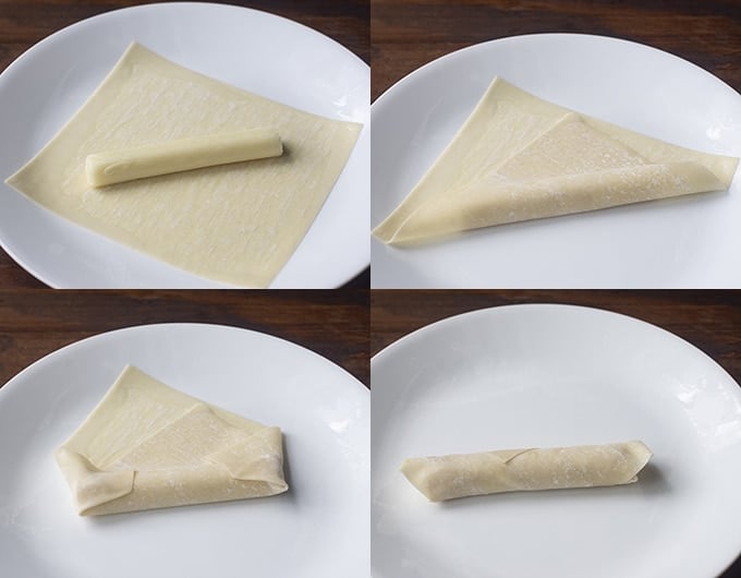 picture collage showing the steps to wrap an eggroll wrapper around a cheese stick