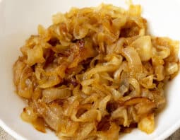 caramelized onions in white bowl