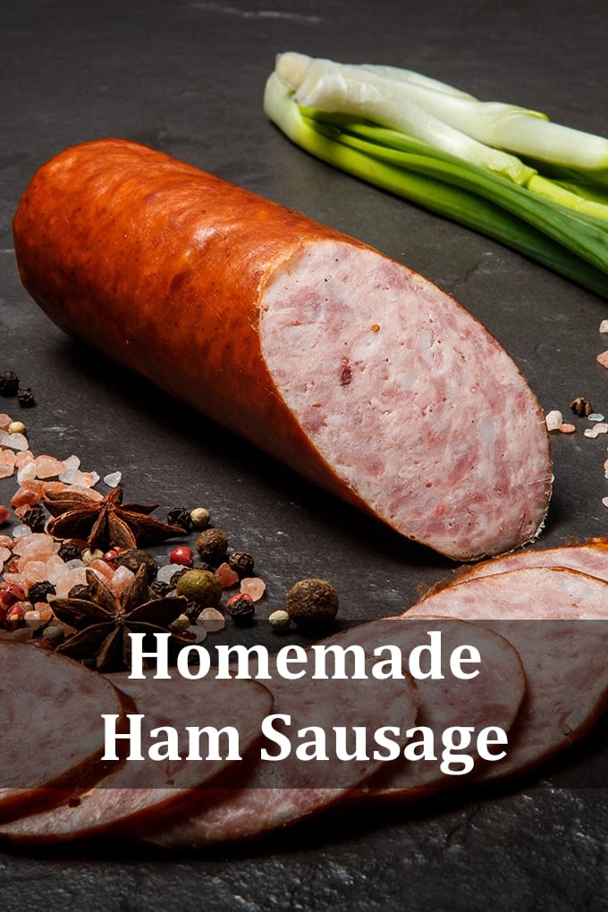 A ham sausage link in the background, slices in the front. The words "Homemade Ham Sausage" appear on the image.