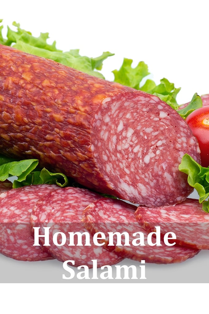 A chunk of salami on a white background with some slices cut from it. There's lettuce and tomato in the picture, and the words "Homemade Salami".