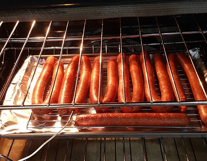 Homemade pepperoni in the oven.